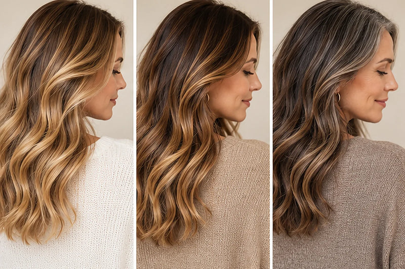 Balayage-Farben im Vergleich: Honigblond auf Dunkelblond, Karamell auf Mittelbraun und Mokka mit Silbersträhnen