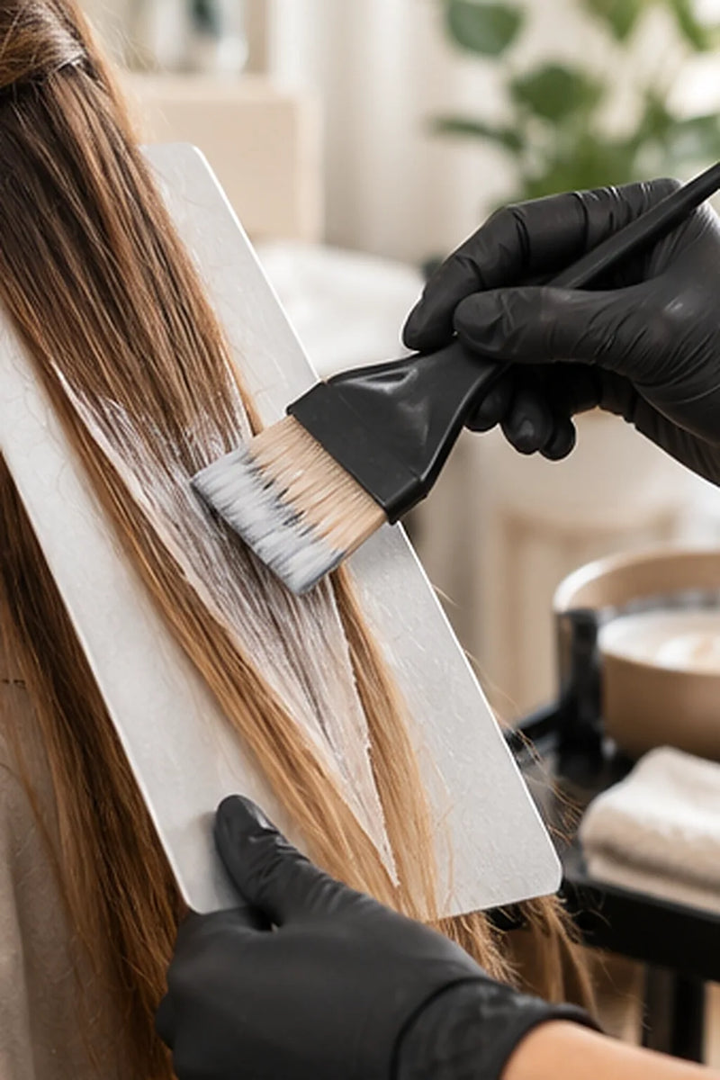 Balayage-Technik: Coloristin malt Aufheller mit breitem Pinsel frei Hand auf eine Strähne auf dem Balayage-Brett