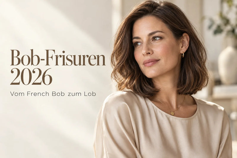 Bob-Frisuren 2026: Frau mit mittelbraunem Long Bob bis zum Schlüsselbein, feiner Goldkette und kleinen Creolen