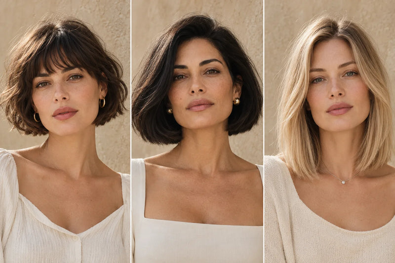 Bob-Frisuren im Vergleich: welliger French Bob mit Pony, schwarzer Italian Bob und glatter blonder Long Bob