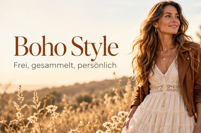 Boho Style: Frau im cremefarbenen Stufenkleid mit Wildlederjacke und Goldketten-Layering auf Sommerwiese
