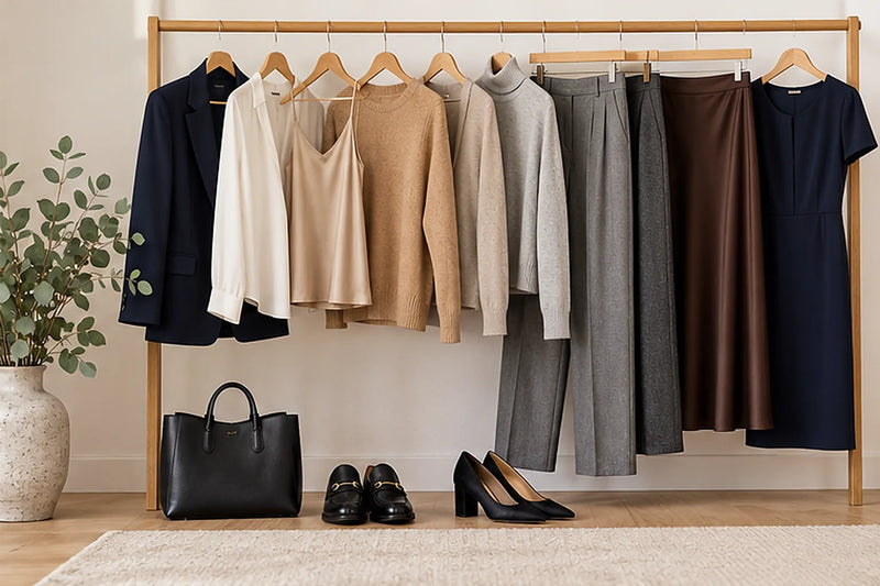 Business-Casual-Grundgarderobe an einer Kleiderstange: Blazer, Blusen, Strick und Stoffhosen in Navy und Camel