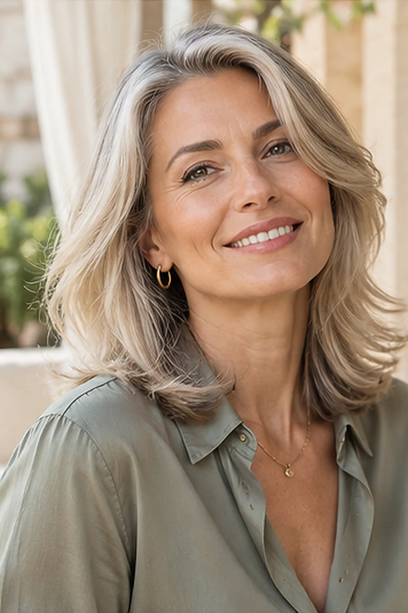 Butterfly Cut ab 50: grau-blondes, mittellanges Haar mit weichen Stufen, olivgrüner Bluse und kleinen Creolen