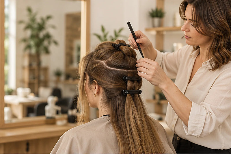 Butterfly Cut schneiden: Friseurin teilt das Haar mit Clips in Partien ab, der Oberkopf ist hochgesteckt