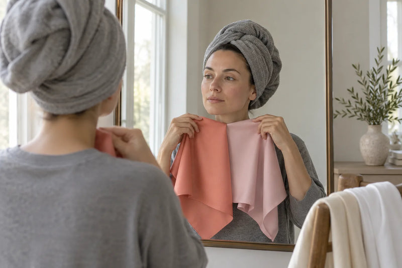 Farbtyp-Test vor dem Spiegel: Frau ohne Make-up hält ein lachsfarbenes und ein pinkes Tuch unters Kinn