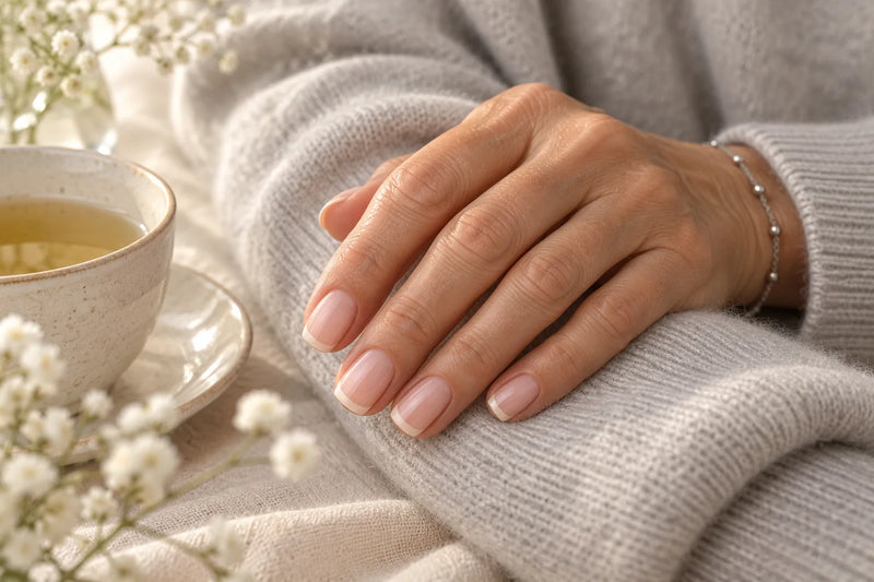Micro French auf kurzen Nägeln an einer reifen Hand mit schlichtem Silberarmband neben einer Teetasse