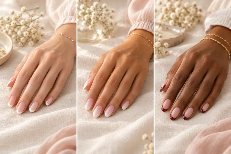 French-Nails-Varianten im Vergleich: klassische weiße Spitze, Baby Boomer Verlauf und Colored French in Bordeaux