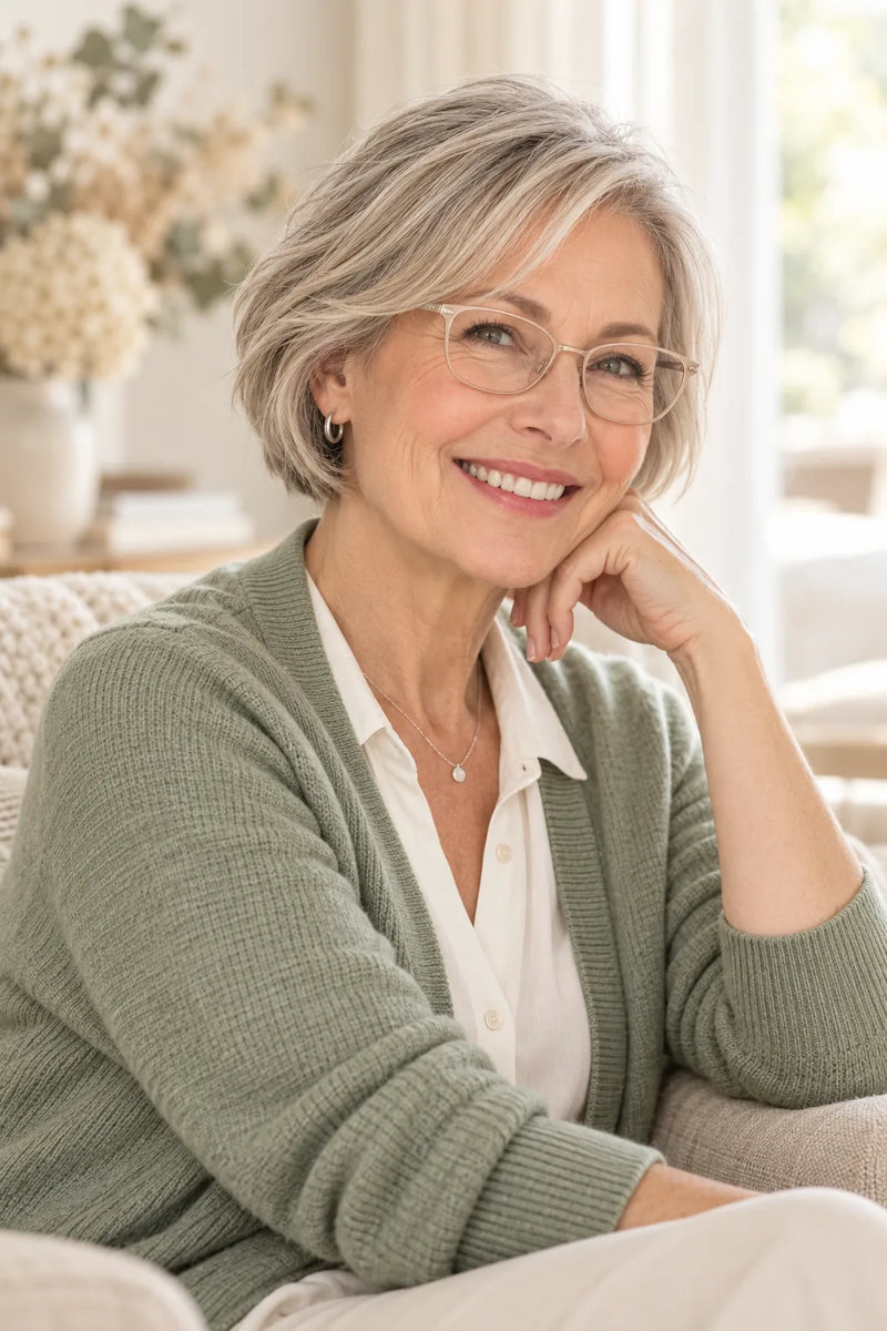 Frisur für dünnes Haar ab 60: grauer, voluminöser Bob mit Brille, grüner Strickjacke und Silberkette