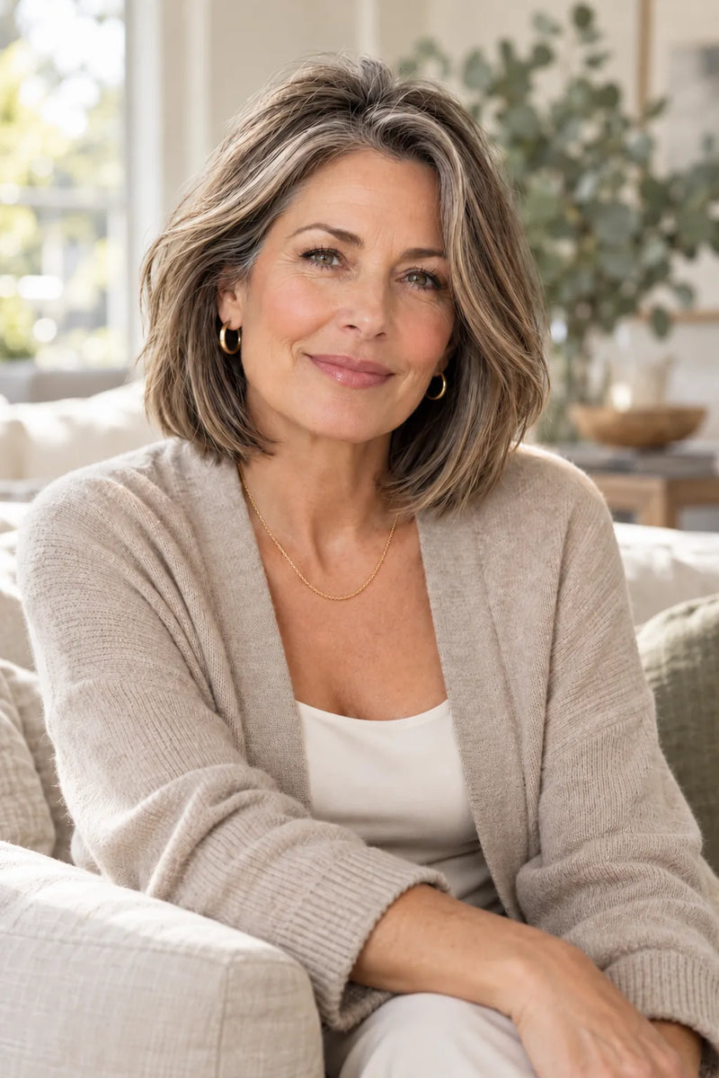 Frisuren mittellang ab 50: grau melierter Long Bob mit Seitenscheitel, beiger Strickjacke und feiner Kette