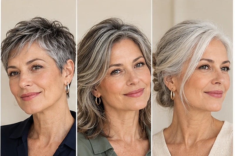 Frisuren für graue Haare: Pixie in Salz und Pfeffer, mittellange Stufen und tiefer Knoten im Vergleich