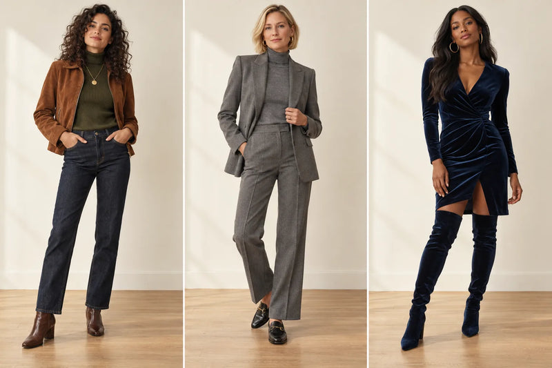 Drei Herbst-Outfits für Damen: Jeans mit Wildlederjacke, graues Kostüm mit Rollkragen und tintenblaues Samtkleid