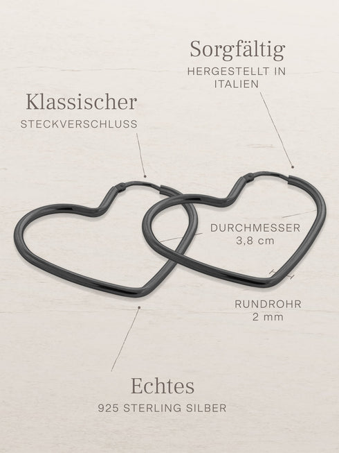 Creolen HEART Schwarz Rhodiniert – Detailansicht