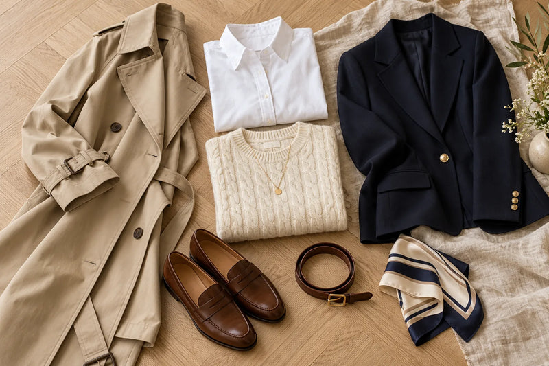 Old Money Grundgarderobe als Flatlay: Trenchcoat, Oxford-Hemd, Zopfstrick, Blazer und Loafer in Navy und Camel