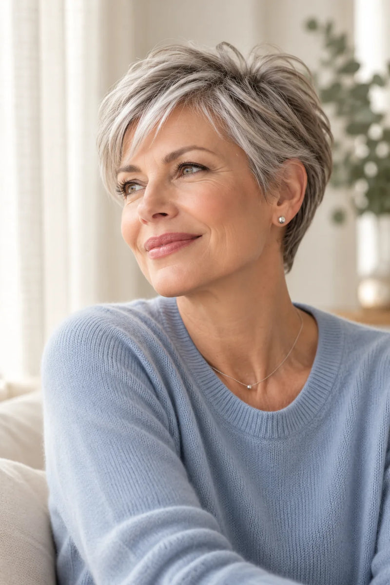Pixie Cut ab 60: silbergrauer, weich gestufter Kurzhaarschnitt mit Seitenpony, Silberohrsteckern und feiner Kette
