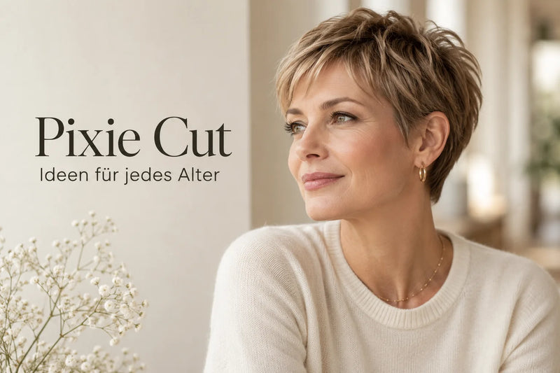 Pixie Cut für Frauen ab 40: dunkelblonder, fransiger Kurzhaarschnitt mit kleinen Goldcreolen und feiner Goldkette