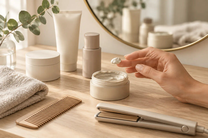 Pixie Cut stylen: Stylingpaste auf der Fingerkuppe, Holzkamm und schmales Glätteisen auf einem hellen Holztisch