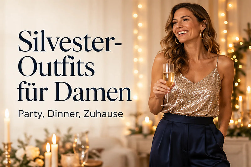 Silvester-Outfit Damen: Frau im champagnerfarbenen Paillettentop mit Goldcreolen vor warmem Lichterbokeh