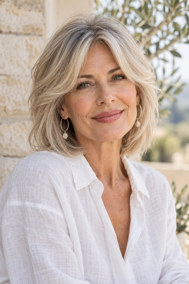 Stufenschnitt ab 50: blonder, weich gestufter Long Bob mit Seitenpony, weißer Leinenbluse und Ohrhängern