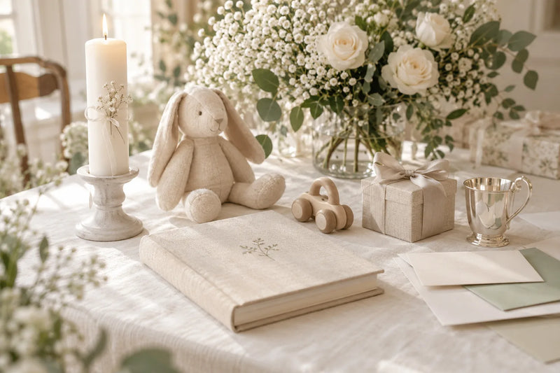 Gabentisch zur Taufe mit Taufkerze, Kinderbibel, Kuscheltier, Silberbecher und kleiner Schmuckbox
