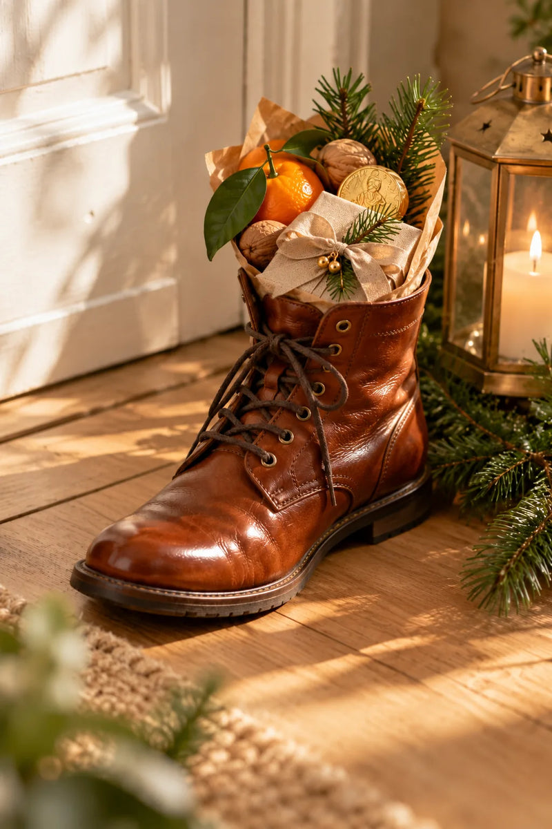 Nikolausstiefel vor der Wohnungstür mit Mandarinen, Walnüssen, Schokotalern und einem kleinen Päckchen
