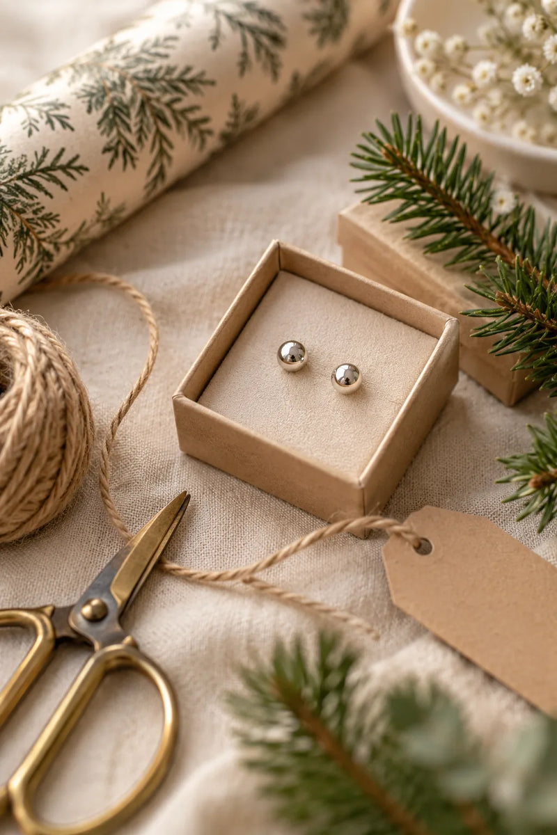 Kleines Wichtelgeschenk bis 30 Euro: silberne Kugel-Ohrstecker im Kästchen neben Packpapier und Schnur