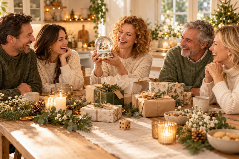 Würfelwichteln am Tisch: Runde lacht über eine ausgepackte Schneekugel neben verpackten Päckchen