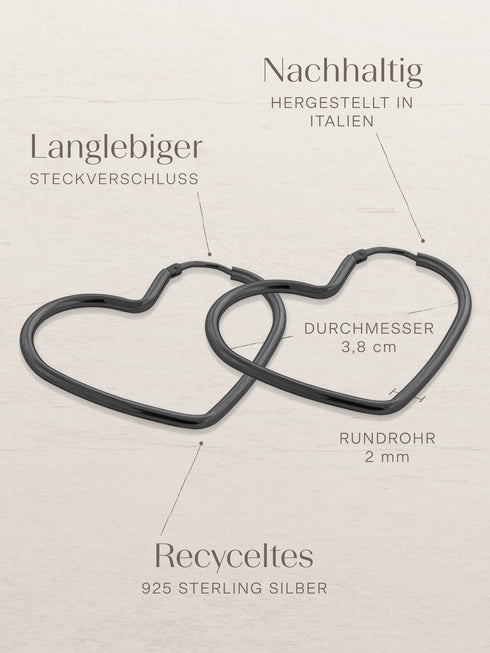 Creolen HEART Schwarz Rhodiniert