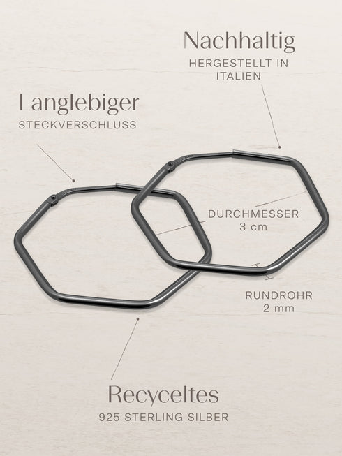 Creolen HEXAGON Dezent Schwarz Rhodiniert