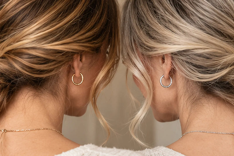 Gold oder Silber zur Balayage: goldene Creole zu warmen Karamelltönen, silberne Creole zu kühlem Aschblond