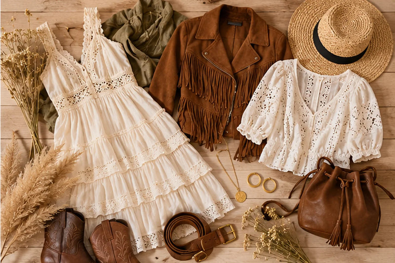 Boho-Kleidung als Flatlay: Stufenkleid, Bauernbluse, Fransenjacke, Westernstiefel und Beuteltasche in Erdtönen