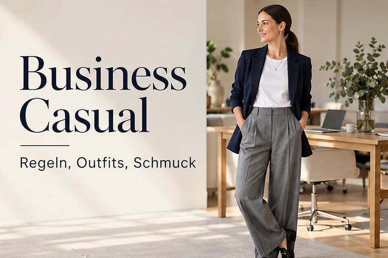 Business Casual für Damen: Frau im Navy-Blazer mit weißem Shirt, grauer Stoffhose und feiner Silberkette