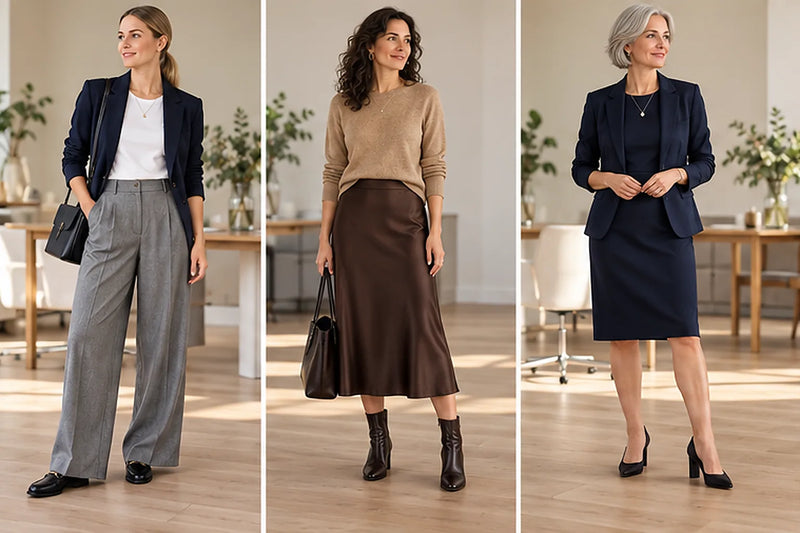 Drei Business-Casual-Outfits: Stoffhose mit Blazer, Camel-Pullover mit Midirock und Etuikleid mit Blazer