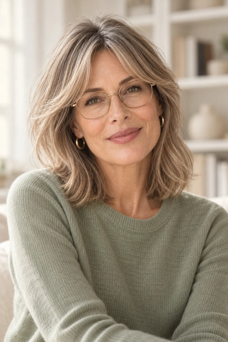 Curtain Bangs mit Brille ab 50: aschblonder Stufenschnitt mit langem Pony, goldfarbener Brille und Creolen