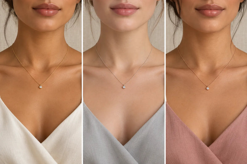 Schmuck nach Farbtyp: Gelbgold, Silber und Roségold am Dekolleté bei warmem, kühlem und mittlerem Hautton