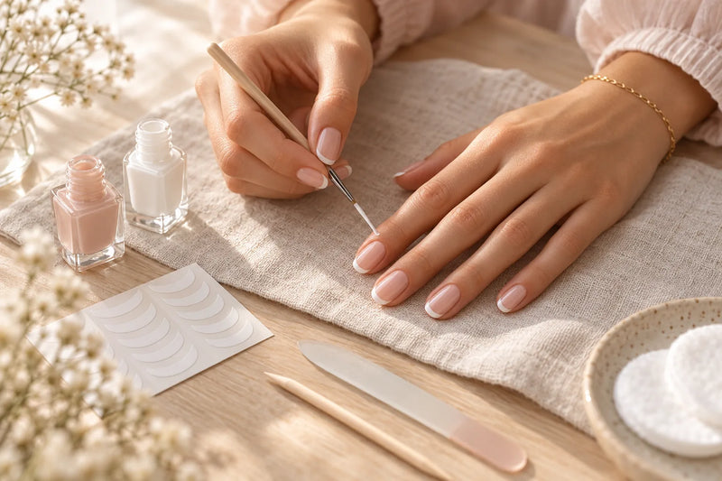 French Nails selber machen: Hand zieht mit Liner-Pinsel die weiße Spitze, daneben Schablonen und Feile
