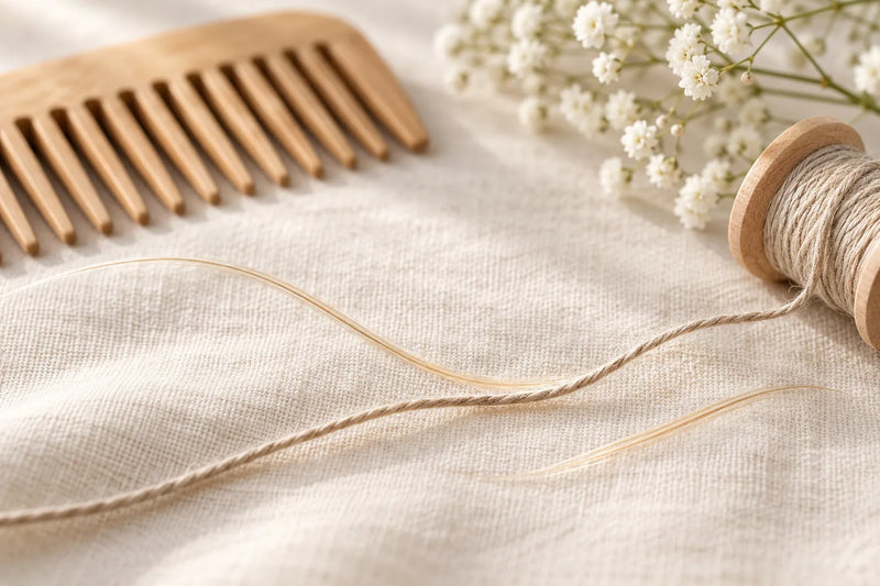 Fadentest für feines Haar: einzelnes blondes Haar neben einem Nähfaden, dazu Holzkamm und Garnspule auf Leinen