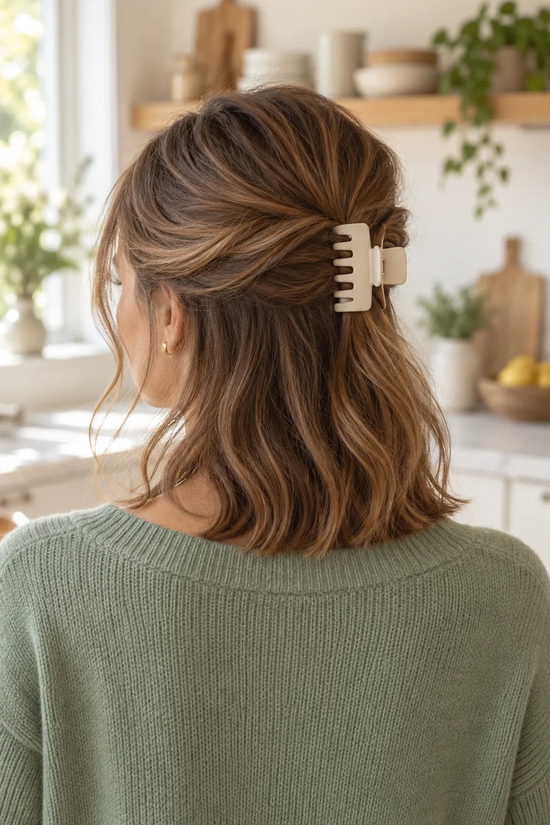 Schnelle Frisur für mittellange Haare: halboffene Frisur mit cremefarbener Haarklammer am Hinterkopf