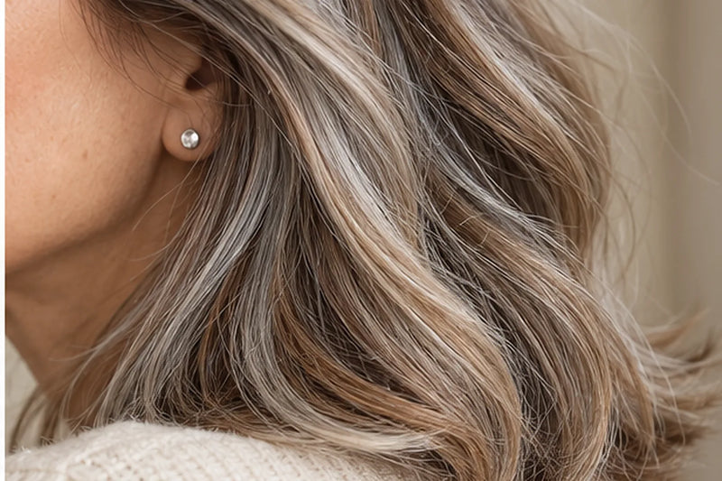 Grey Blending in Nahaufnahme: graue Strähnen mit aschblonden Highlights und Lowlights in Haselnuss