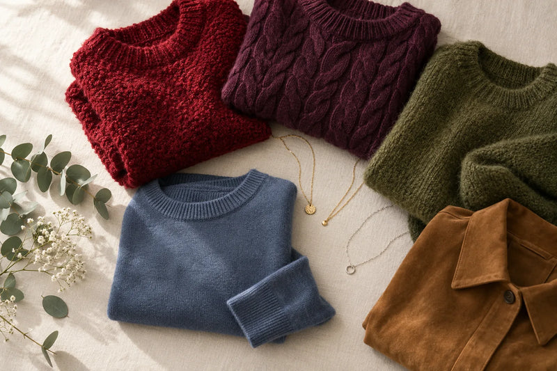 Trendfarben Herbst/Winter 2026/27 als Strick-Flatlay in Rot, Aubergine, Grün, Blau und Karamell mit Ketten