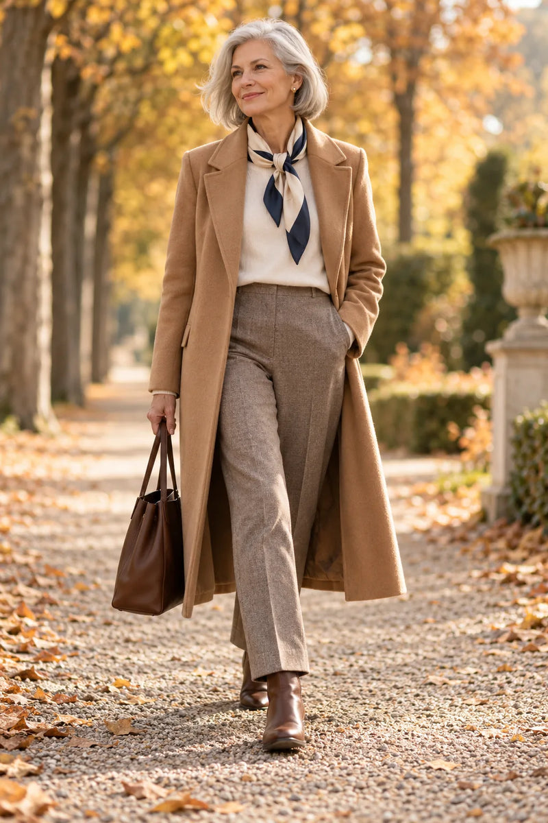 Old Money Look ab 50: Frau im Camel-Wollmantel mit geknotetem Seidentuch und flachen Lederstiefeln