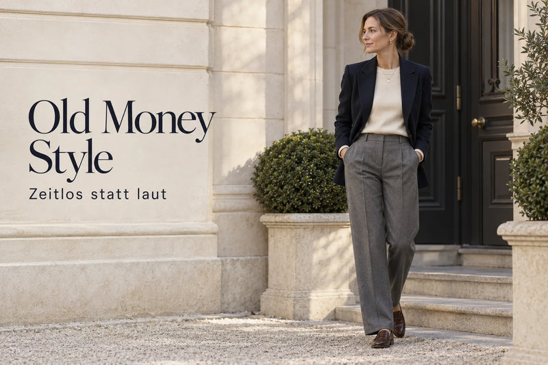 Old Money Style für Damen: Navy-Blazer, cremefarbener Kaschmirpullover und feine Goldkette vor Stadtvilla