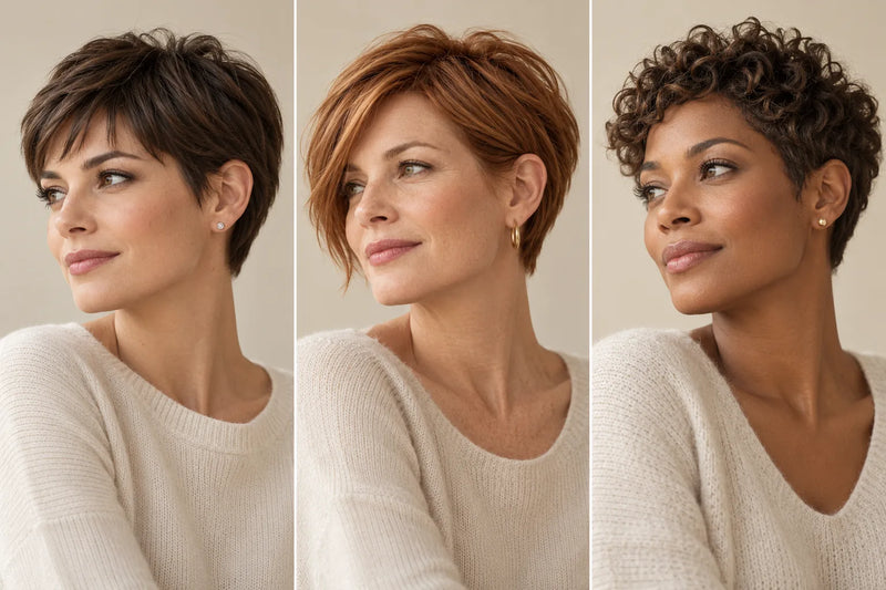 Pixie-Cut-Varianten im Vergleich: dunkelbrauner Classic Pixie, kupferroter Long Pixie mit Seitenpony und Curly Pixie