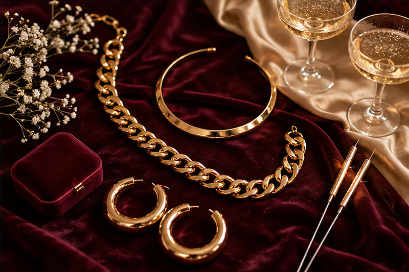 Silvester-Schmuck: breite Goldkette, große Creolen und Choker auf Samt in Bordeaux mit Sektschalen