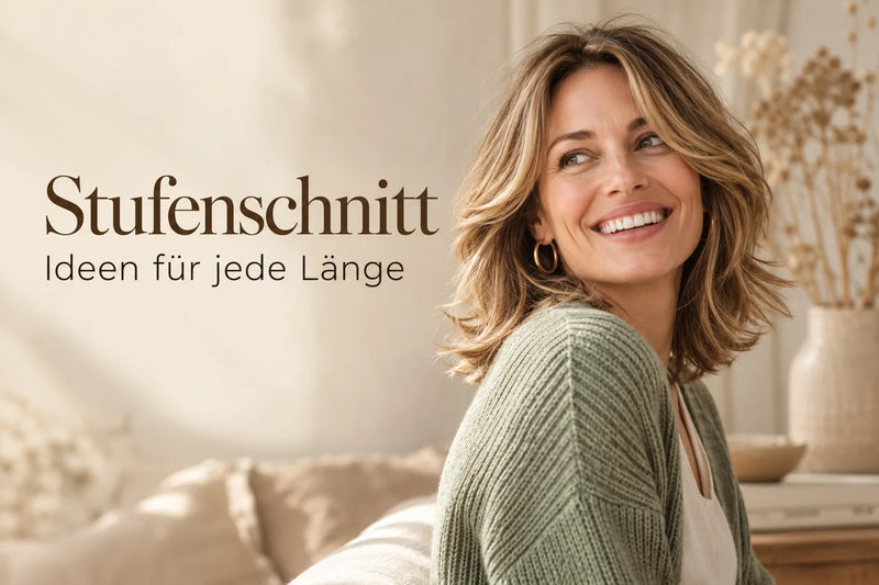 Stufenschnitt für Frauen: schulterlanges, gestuftes Haar in Honigbraun mit weichen Wellen und goldenen Creolen