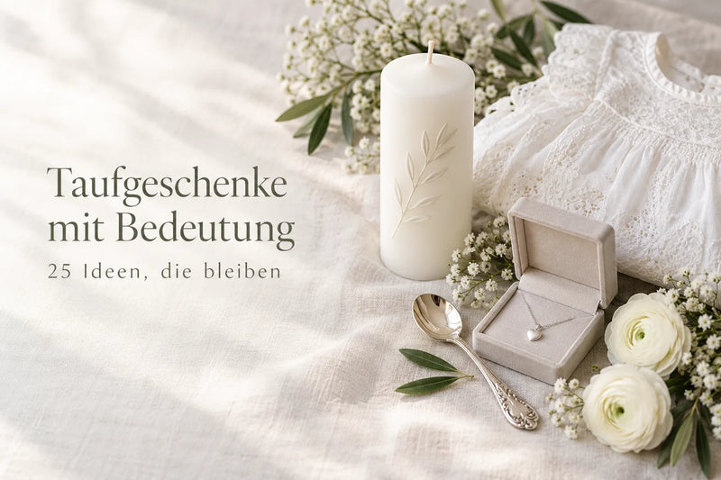 Taufgeschenk-Stillleben mit Taufkerze, Taufkleid, Silberlöffel und feiner Silberkette mit Herzanhänger