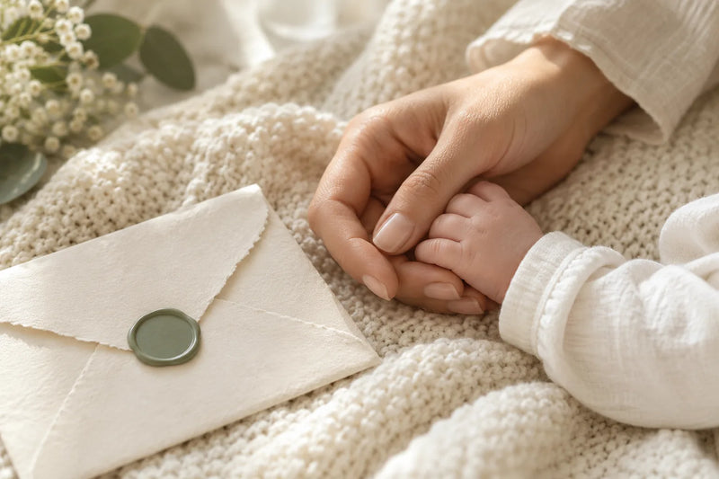 Patin hält die Hand eines Babys, daneben ein versiegelter Brief als persönliches Taufgeschenk