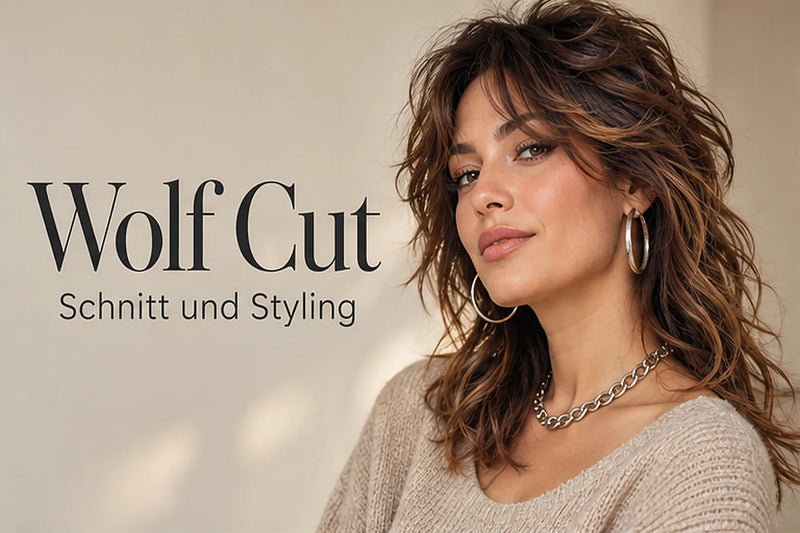 Wolf Cut für Frauen: mittellanger, welliger Stufenschnitt mit Curtain Bangs, großen Silbercreolen und Panzerkette